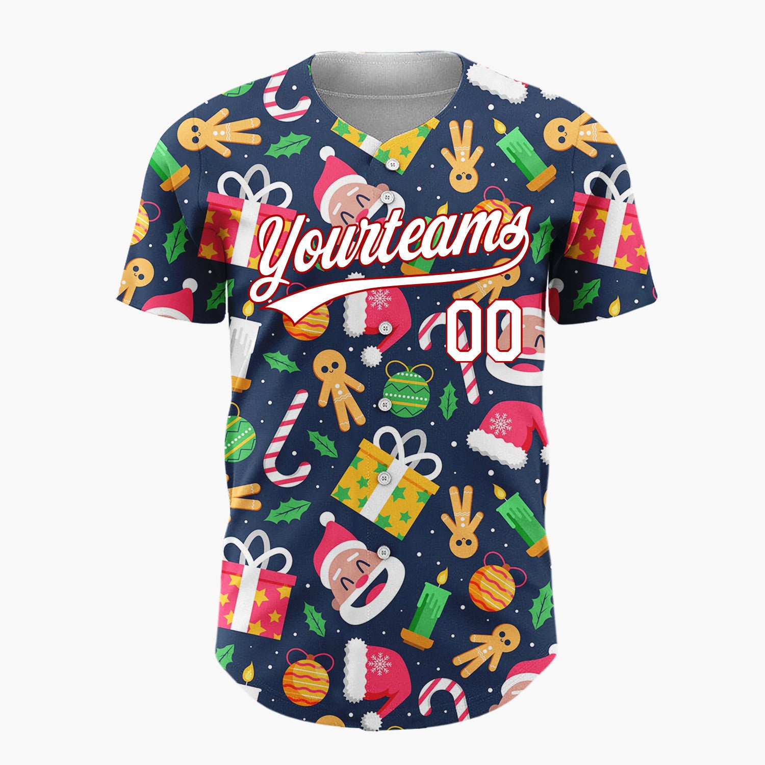 Custom Navy Yellow Santa Gifts And Candles Joyful Holiday Pattern Christmas Baseball Jersey