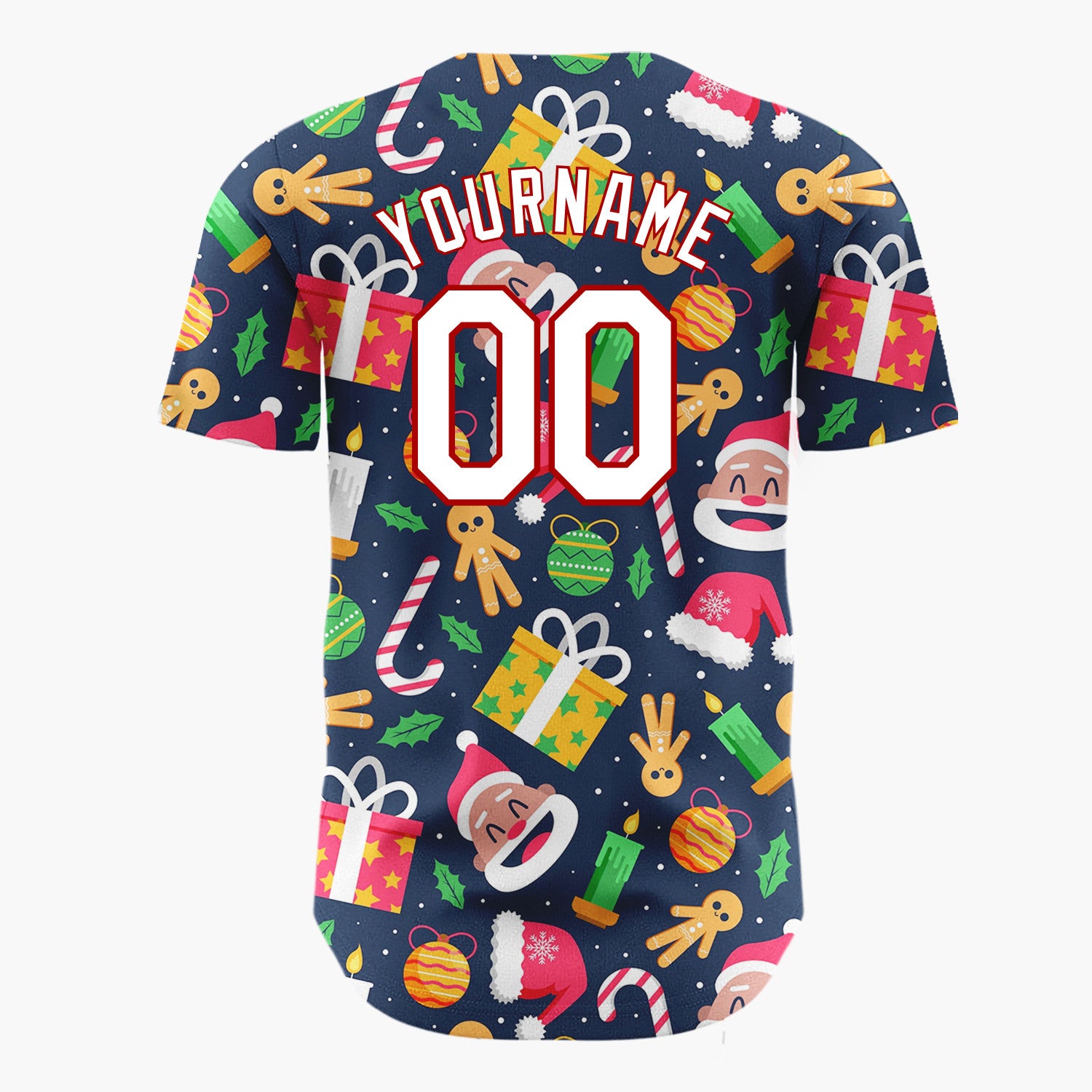 Custom Navy Yellow Santa Gifts And Candles Joyful Holiday Pattern Christmas Baseball Jersey