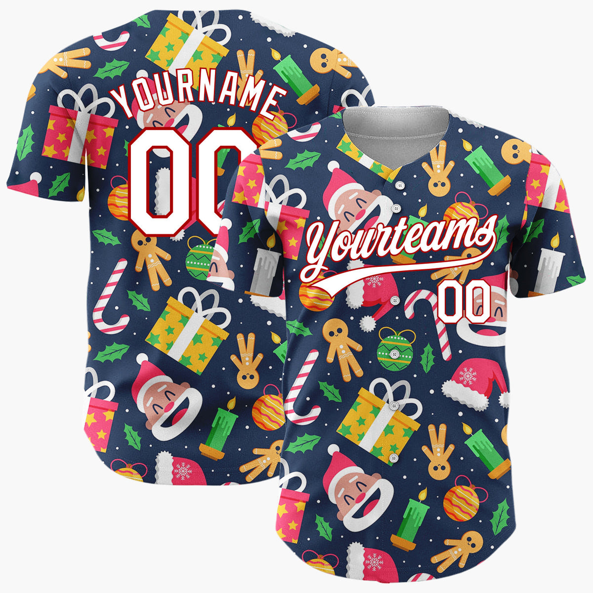 Custom Navy Yellow Santa Gifts And Candles Joyful Holiday Pattern Christmas Baseball Jersey