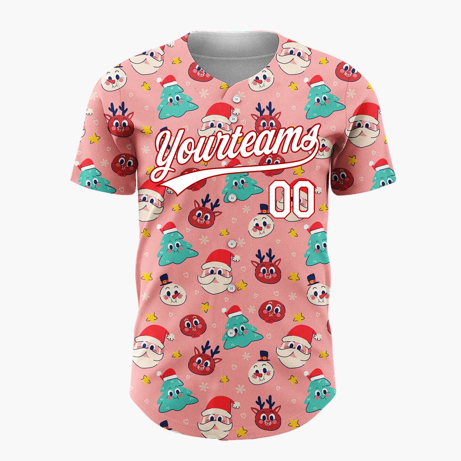 Custom Pink Red Green Santa Faces Trees And Reindeer Fun Christmas Baseball Jersey
