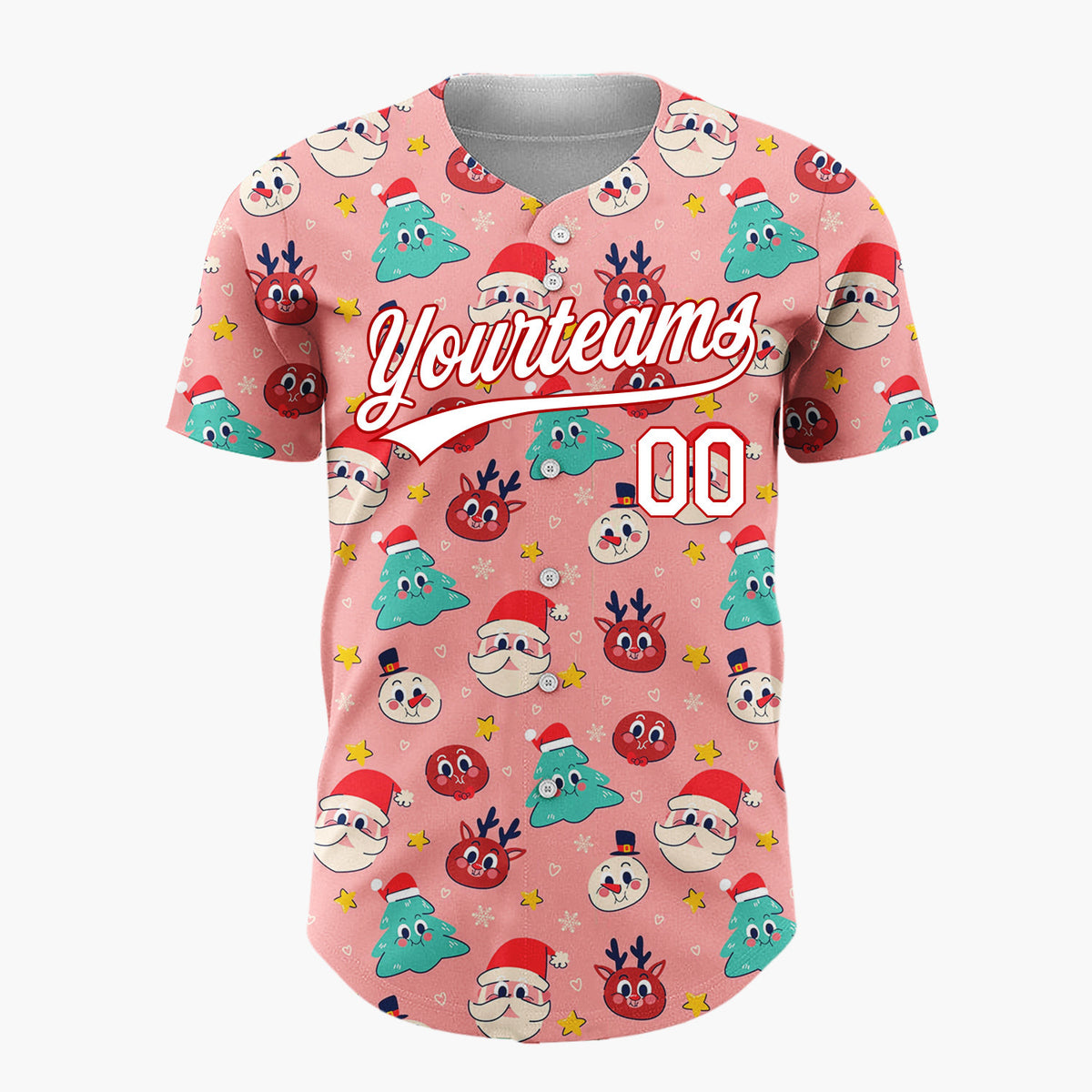 Custom Pink Red Green Santa Faces Trees And Reindeer Fun Christmas Baseball Jersey