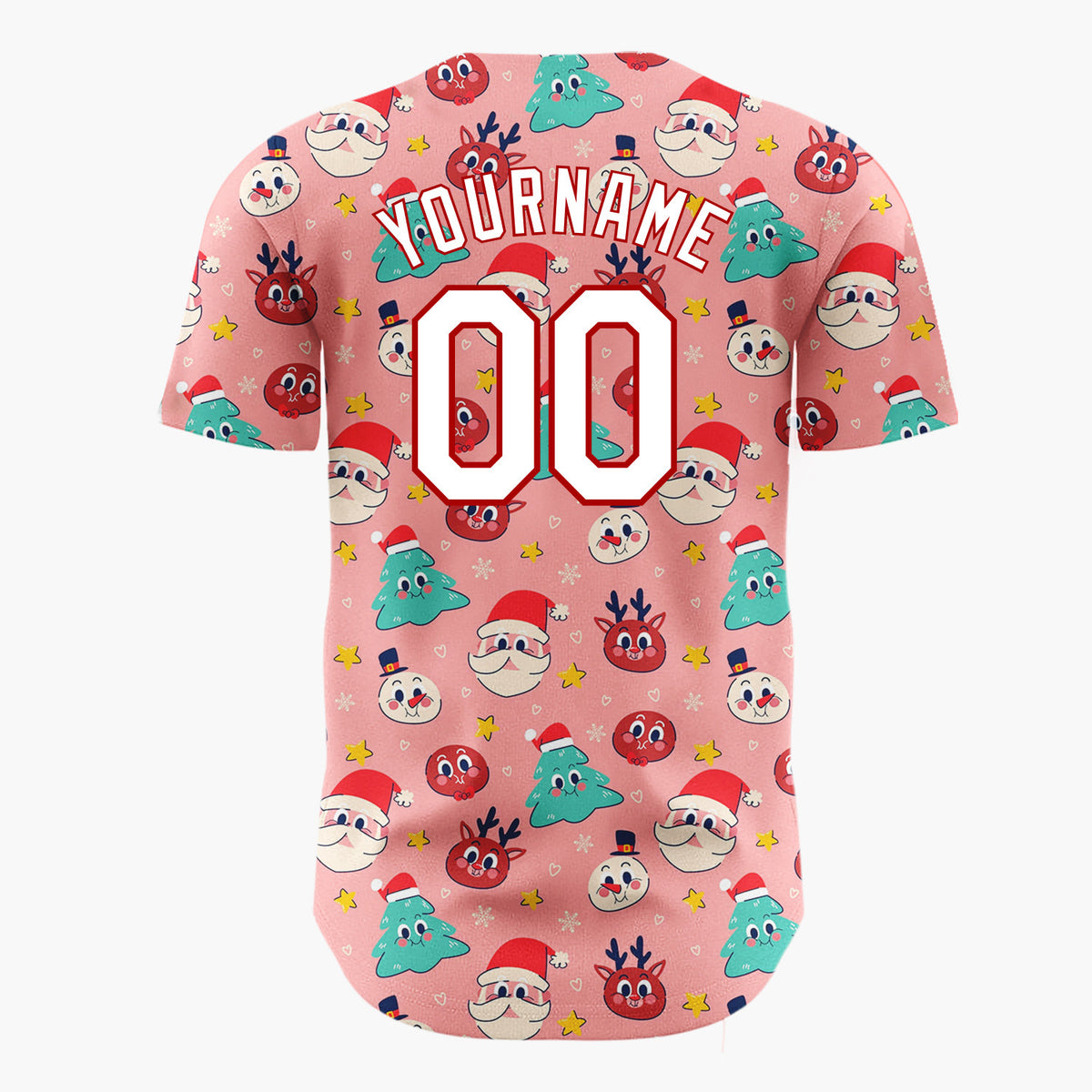 Custom Pink Red Green Santa Faces Trees And Reindeer Fun Christmas Baseball Jersey