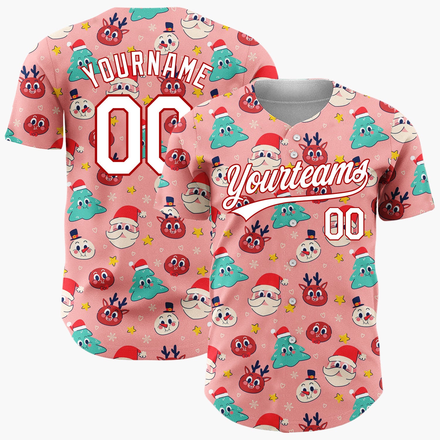 Custom Pink Red Green Santa Faces Trees And Reindeer Fun Christmas Baseball Jersey