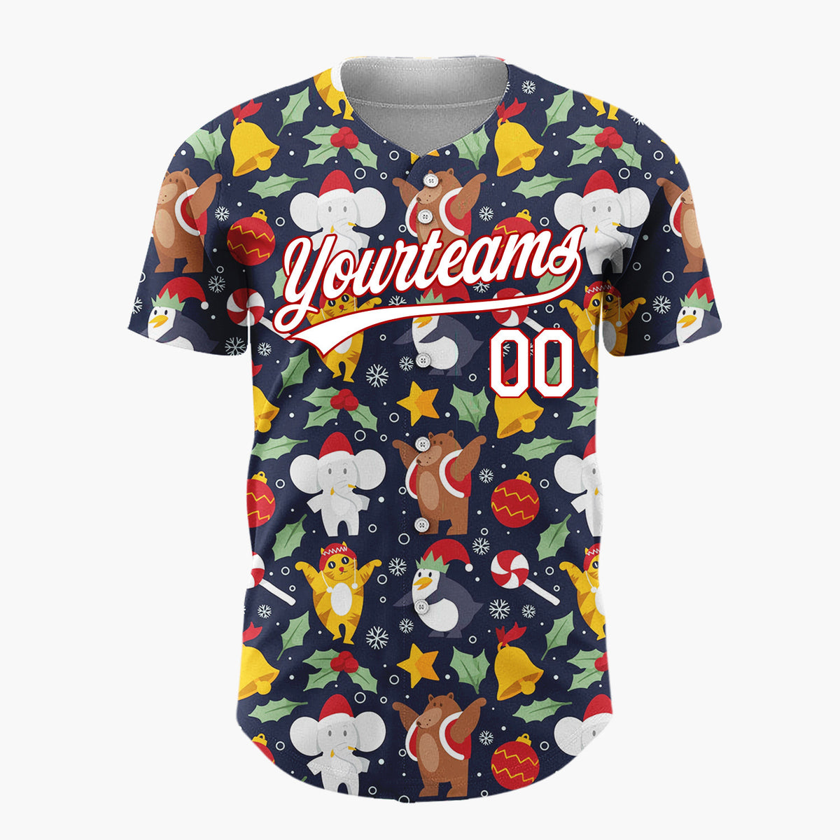 Custom Navy Yellow Bears Elephants And Penguins Festive Holiday Pattern Christmas Baseball Jersey