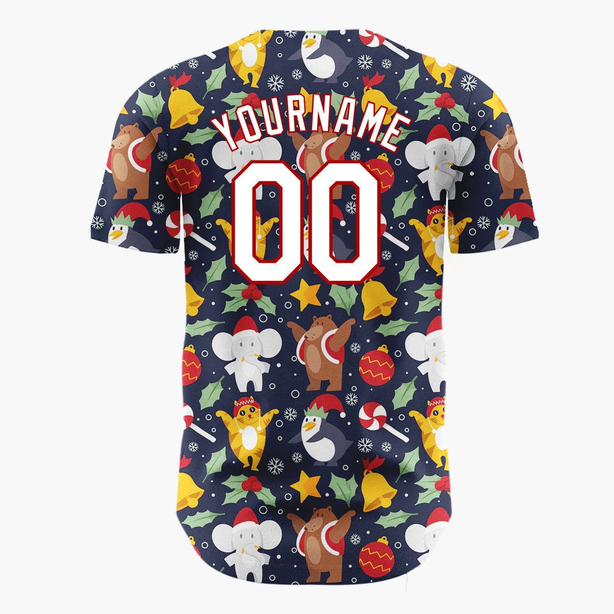 Custom Navy Yellow Bears Elephants And Penguins Festive Holiday Pattern Christmas Baseball Jersey