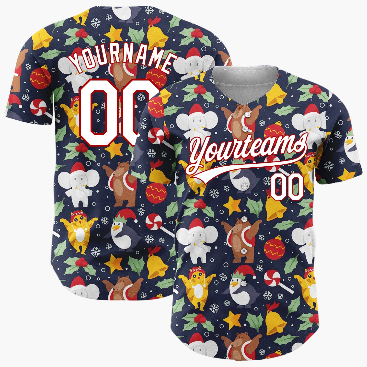 Custom Navy Yellow Bears Elephants And Penguins Festive Holiday Pattern Christmas Baseball Jersey