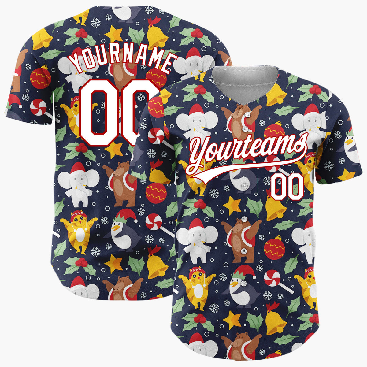 Custom Navy Yellow Bears Elephants And Penguins Festive Holiday Pattern Christmas Baseball Jersey