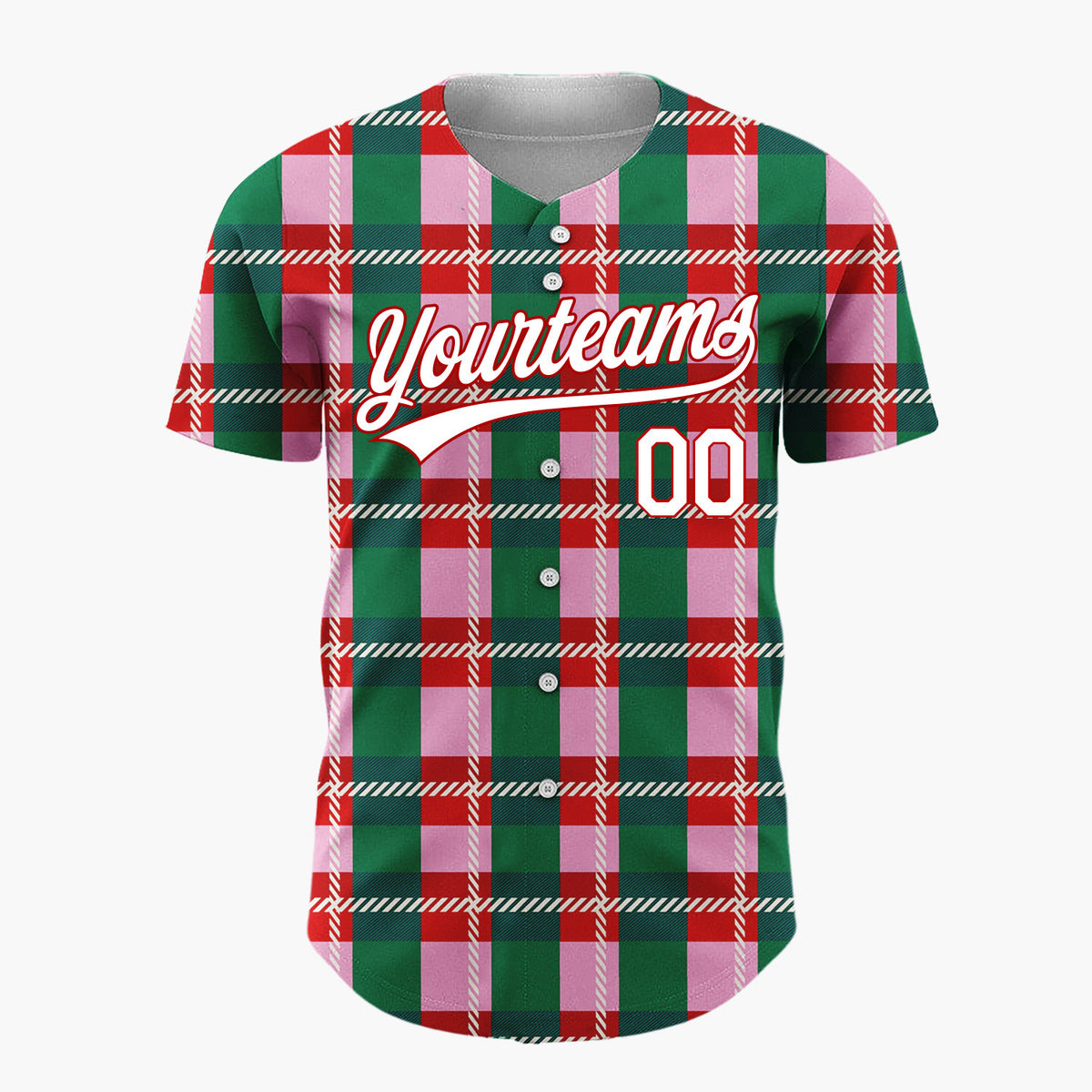 Custom Pink Green Plaid Tartan Christmas Baseball Jersey