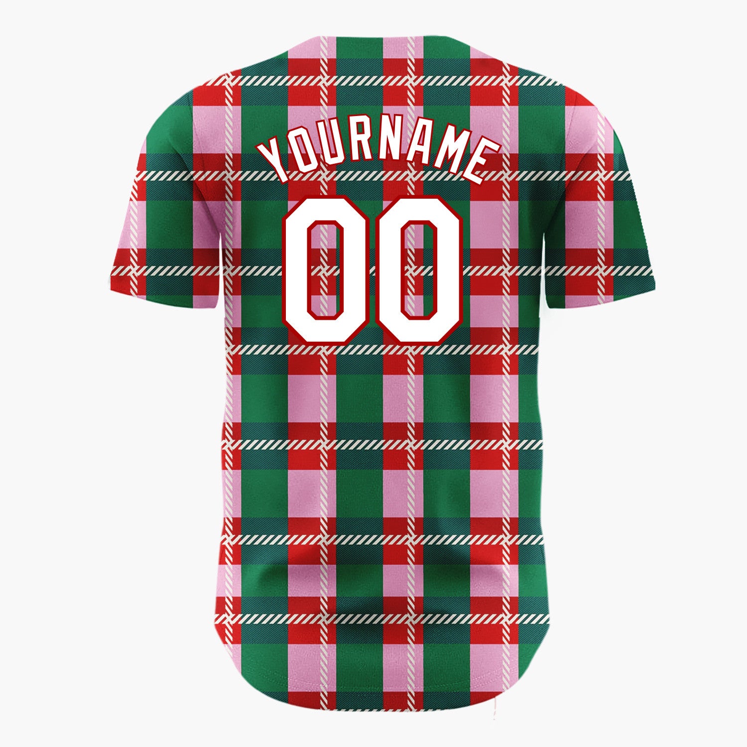 Custom Pink Green Plaid Tartan Christmas Baseball Jersey