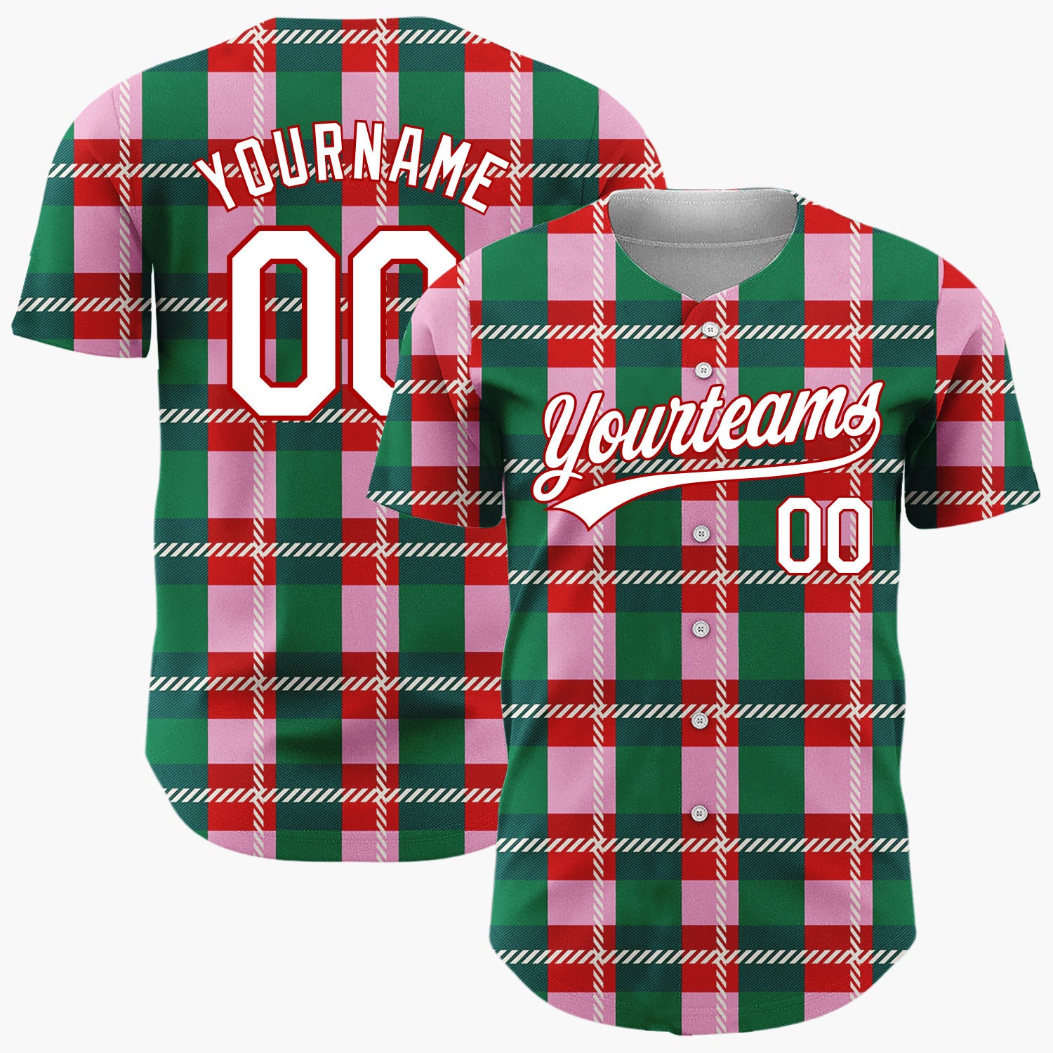 Custom Pink Green Plaid Tartan Christmas Baseball Jersey