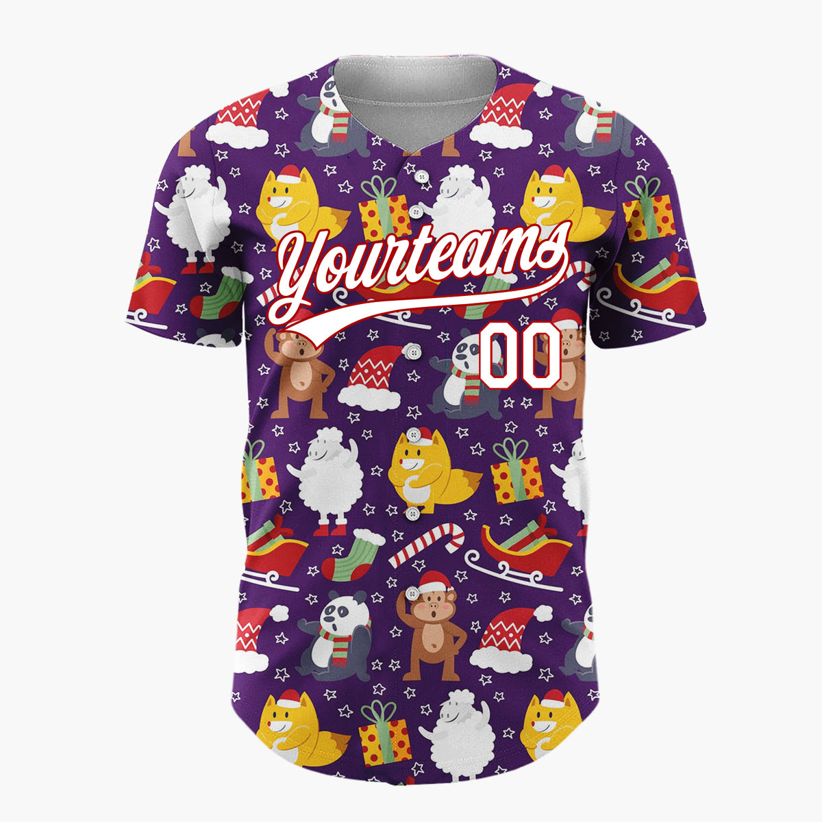 Custom Purple Red Yellow Foxes Pandas And Gifts Cartoon Christmas Baseball Jersey
