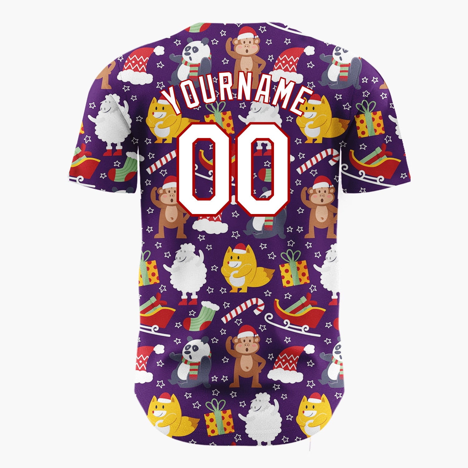 Custom Purple Red Yellow Foxes Pandas And Gifts Cartoon Christmas Baseball Jersey