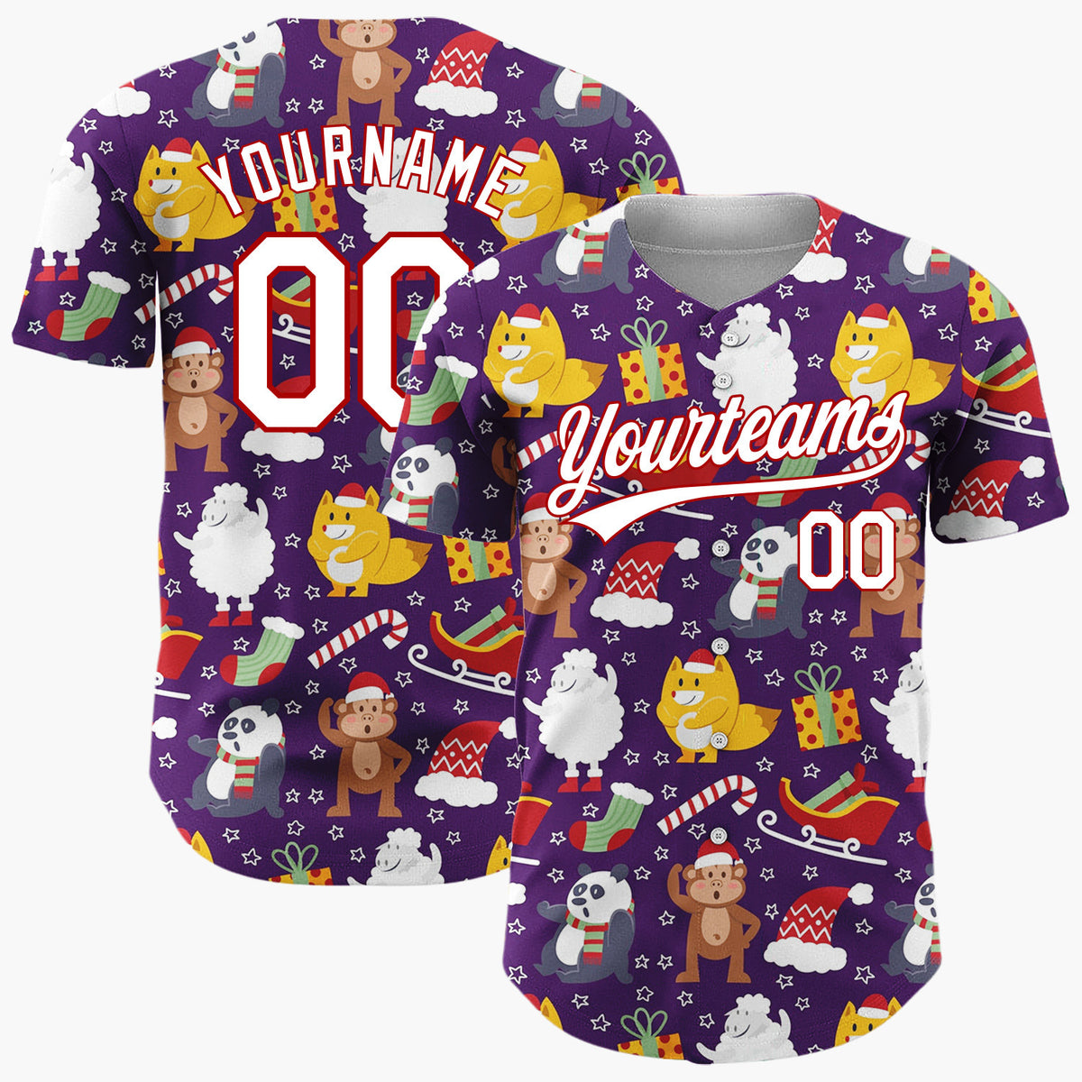 Custom Purple Red Yellow Foxes Pandas And Gifts Cartoon Christmas Baseball Jersey