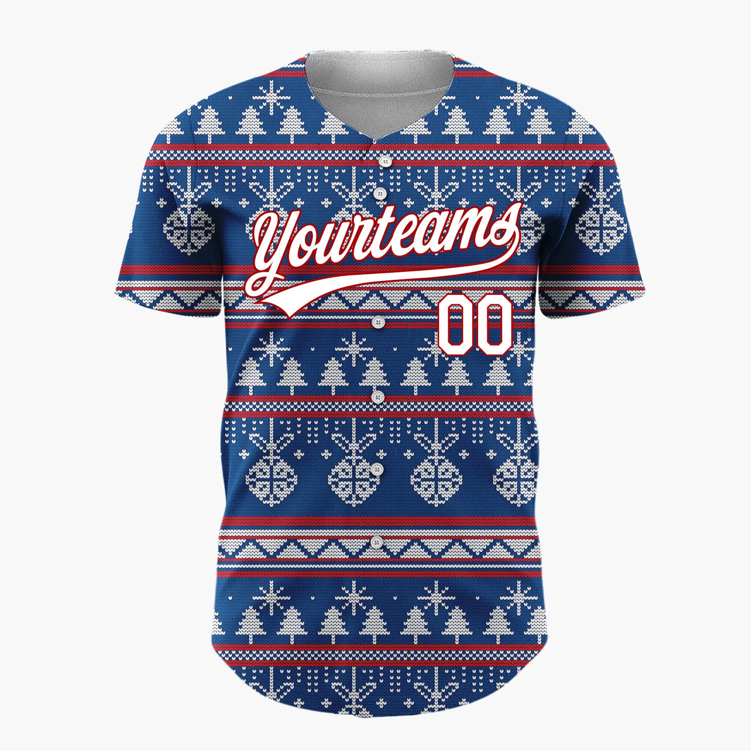 Custom Navy White Ornaments Trees And Snowflakes Nordic Knit Christmas Baseball Jersey