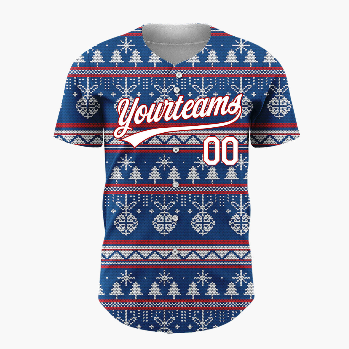 Custom Navy White Ornaments Trees And Snowflakes Nordic Knit Christmas Baseball Jersey