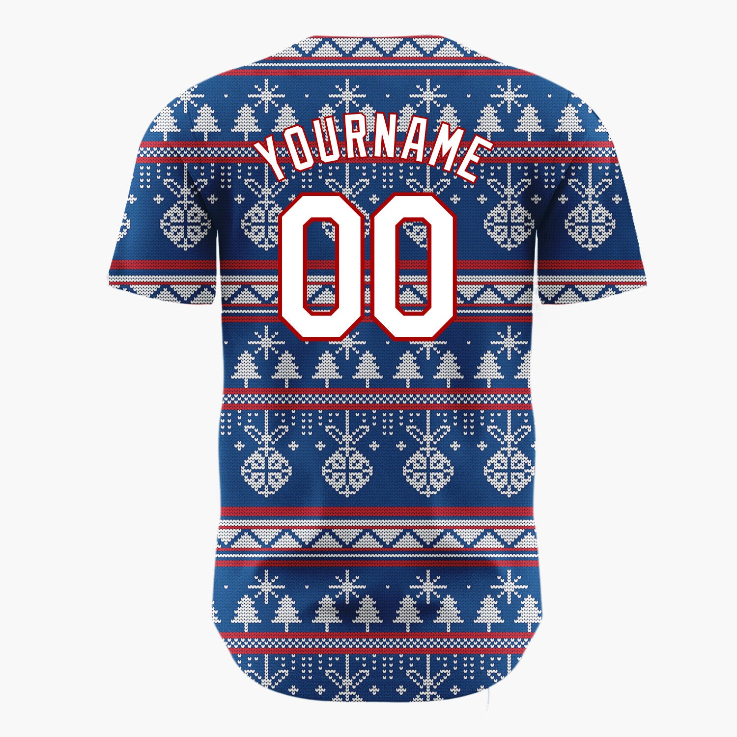Custom Navy White Ornaments Trees And Snowflakes Nordic Knit Christmas Baseball Jersey