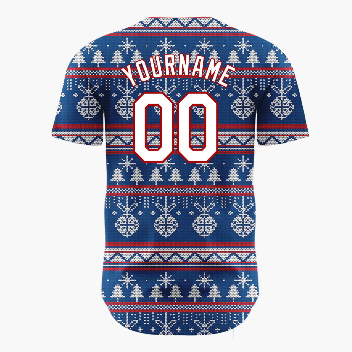 Custom Navy White Ornaments Trees And Snowflakes Nordic Knit Christmas Baseball Jersey
