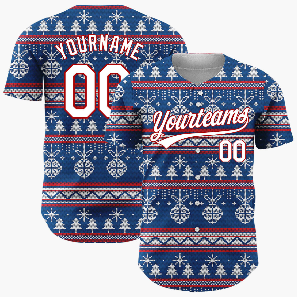 Custom Navy White Ornaments Trees And Snowflakes Nordic Knit Christmas Baseball Jersey