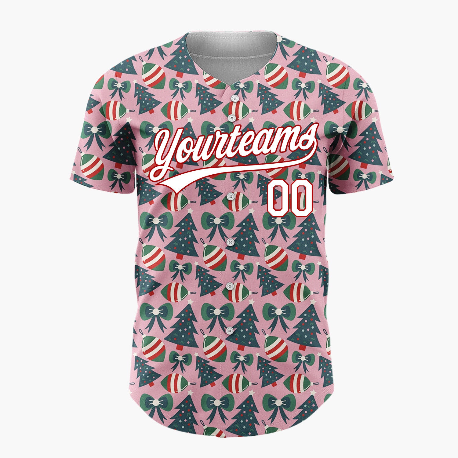 Custom Pink Green Trees Bows And Ornaments Cute Christmas Baseball Jersey