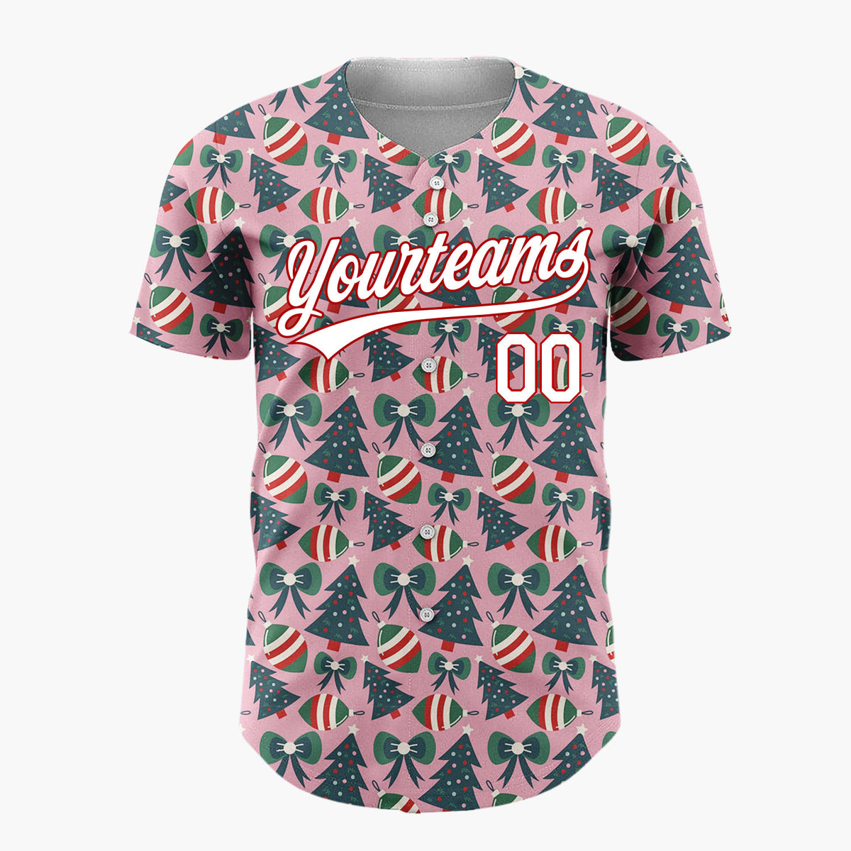 Custom Pink Green Trees Bows And Ornaments Cute Christmas Baseball Jersey