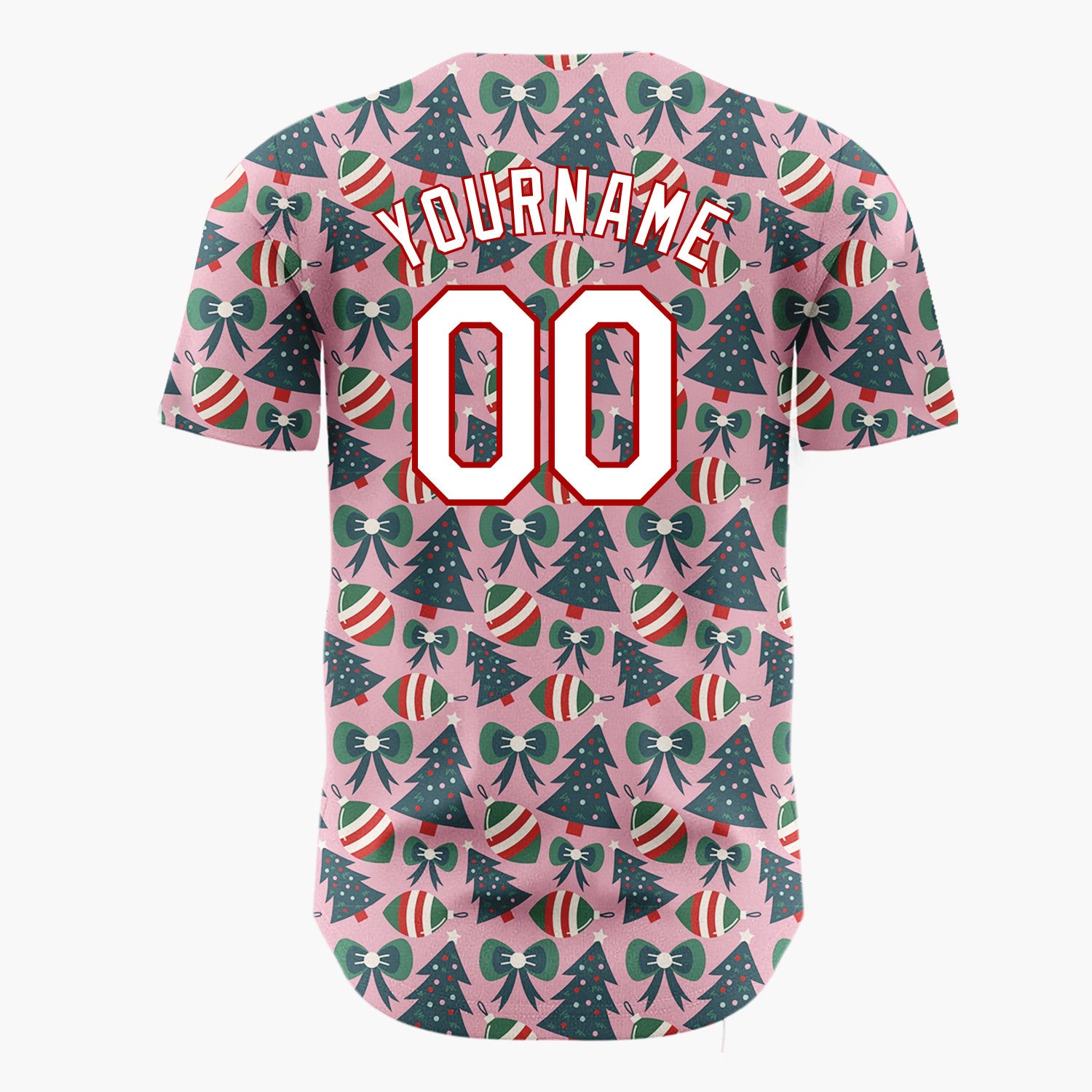 Custom Pink Green Trees Bows And Ornaments Cute Christmas Baseball Jersey