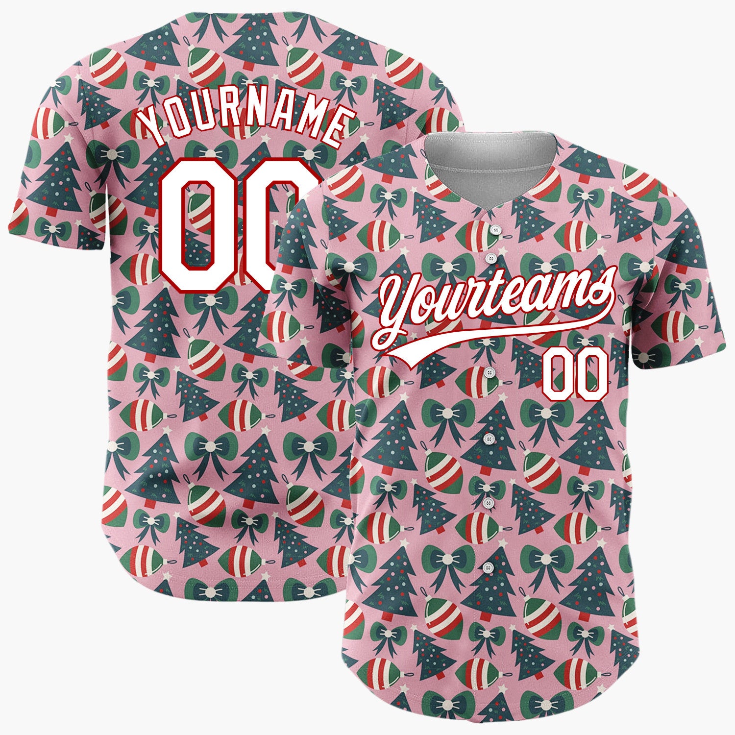 Custom Pink Green Trees Bows And Ornaments Cute Christmas Baseball Jersey