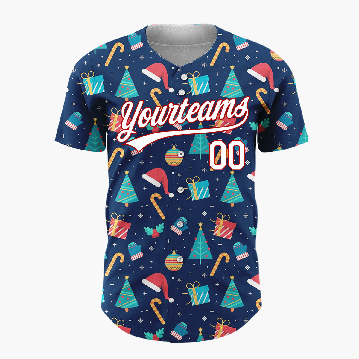 Custom Navy Red Trees Gifts And Hats Christmas Flat Pattern Christmas Baseball Jersey