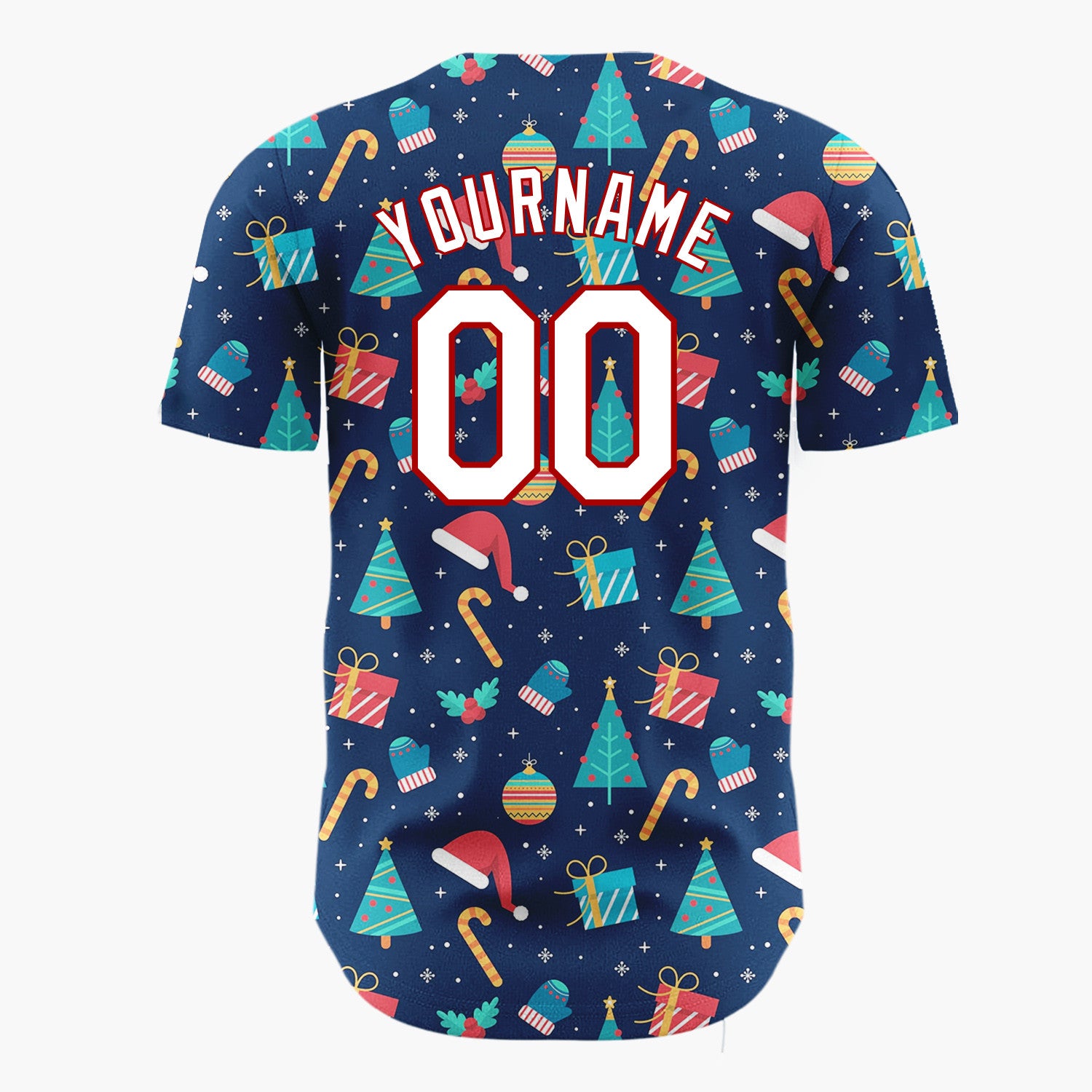 Custom Navy Red Trees Gifts And Hats Christmas Flat Pattern Christmas Baseball Jersey