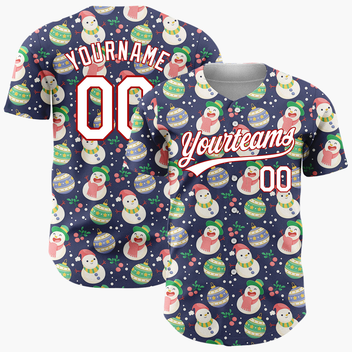 Custom Purple Snowman Penguin Whimsical Cartoon Pattern Christmas Baseball Jersey