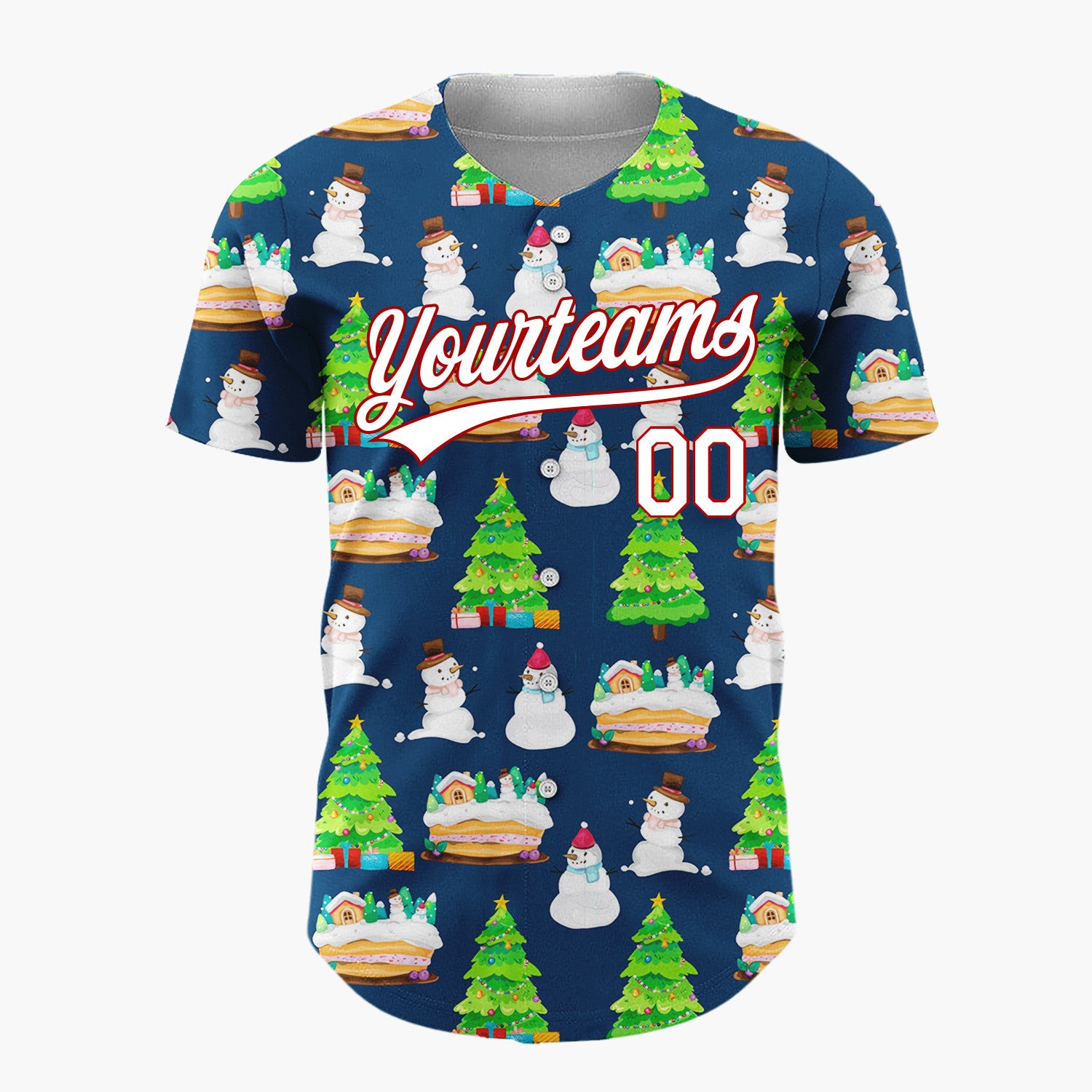 Custom Navy Snowman And Cake Whimsical Illustration Pattern Christmas Baseball Jersey