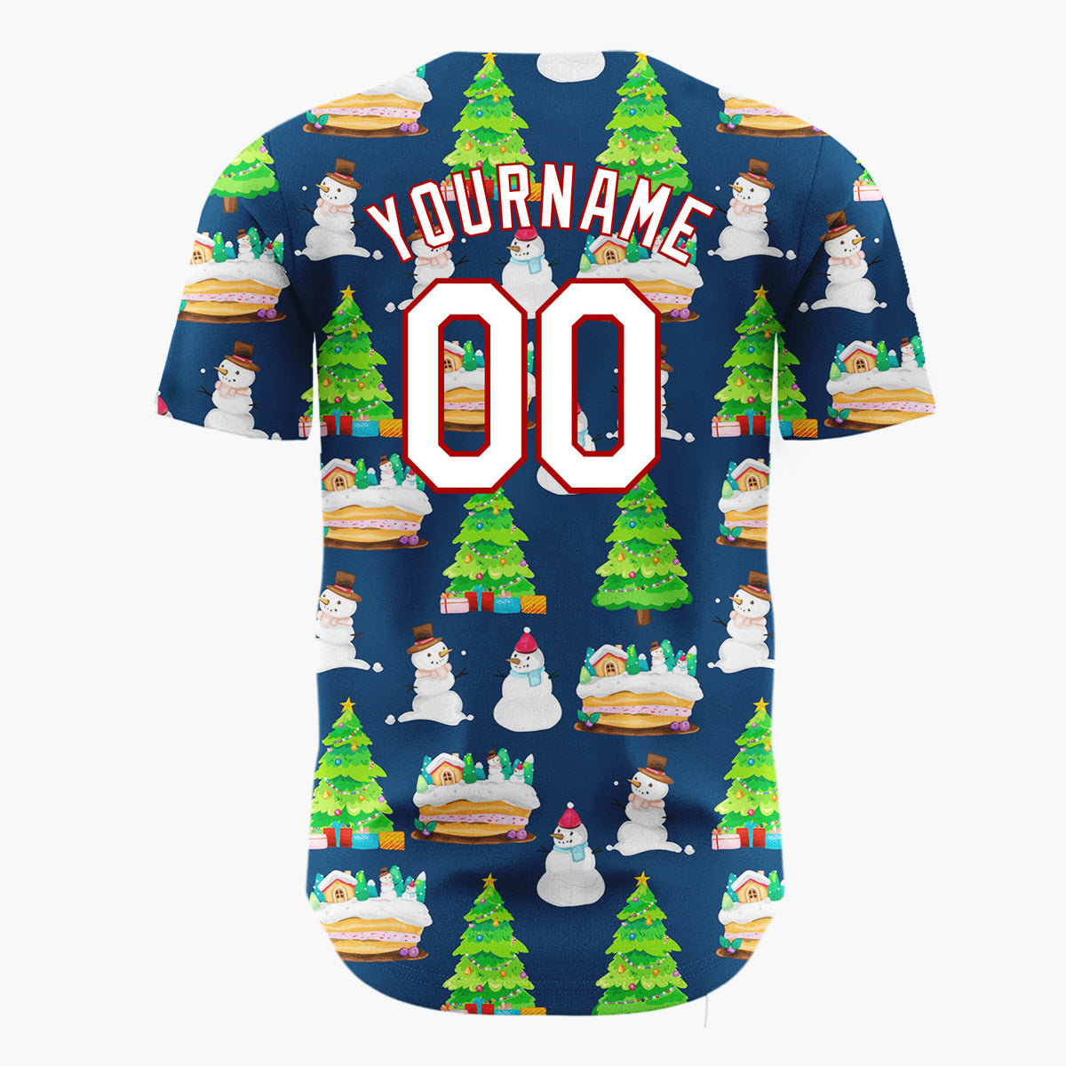 Custom Navy Snowman And Cake Whimsical Illustration Pattern Christmas Baseball Jersey