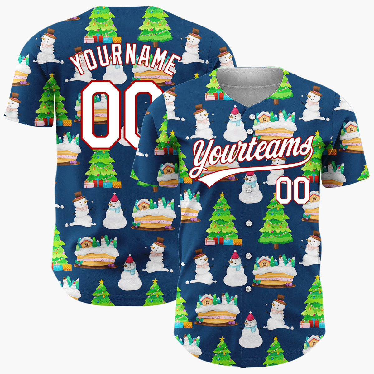 Custom Navy Snowman And Cake Whimsical Illustration Pattern Christmas Baseball Jersey