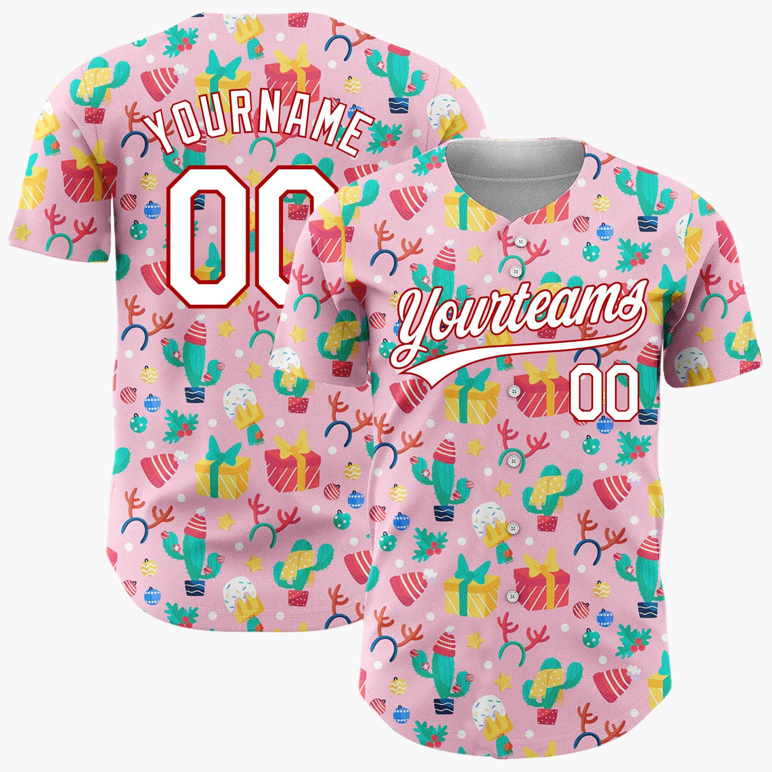Custom Pink Cactus Gifts And Christmas Hats Fun Festive Pattern Christmas Baseball Jersey