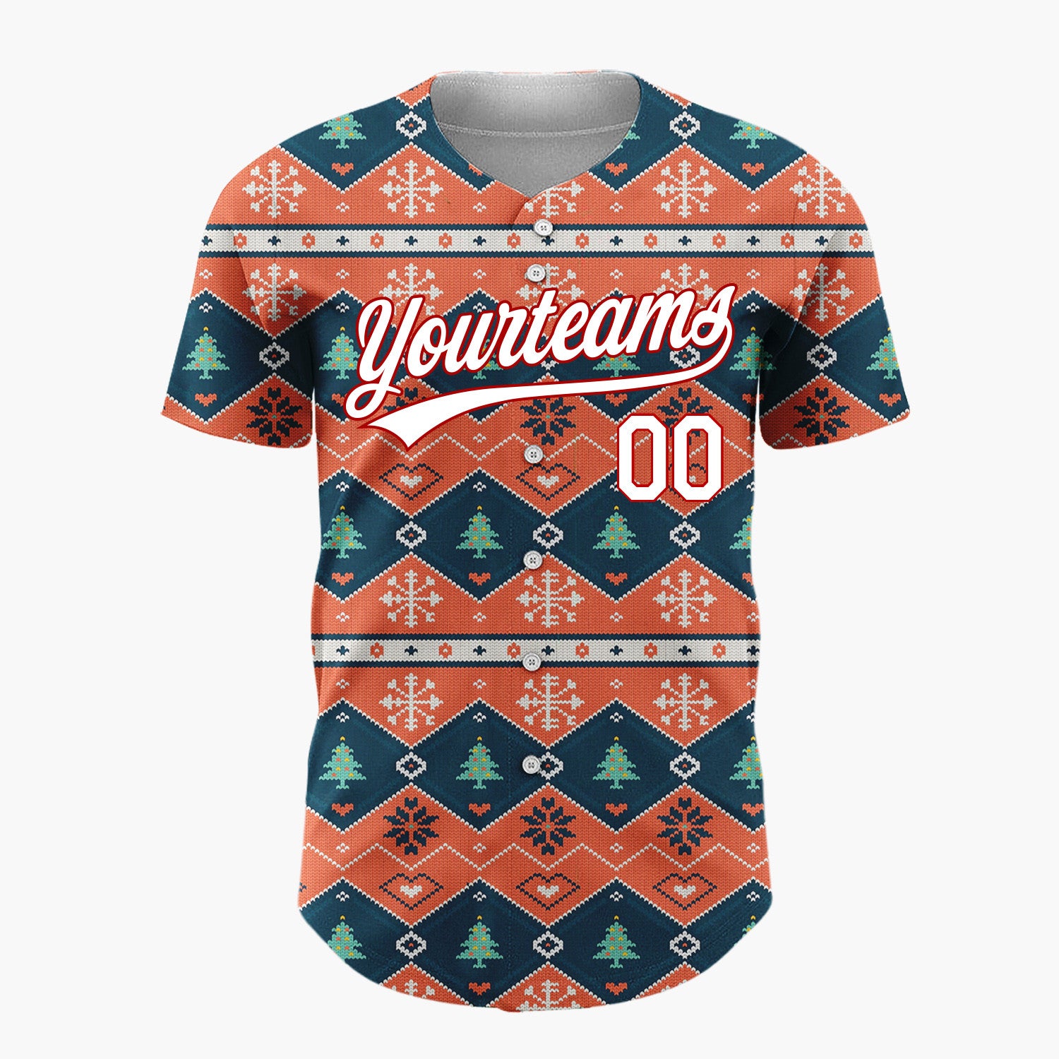 Custom Orange Blue White Geometric Tree Nordic Knit Pattern Christmas Baseball Jersey