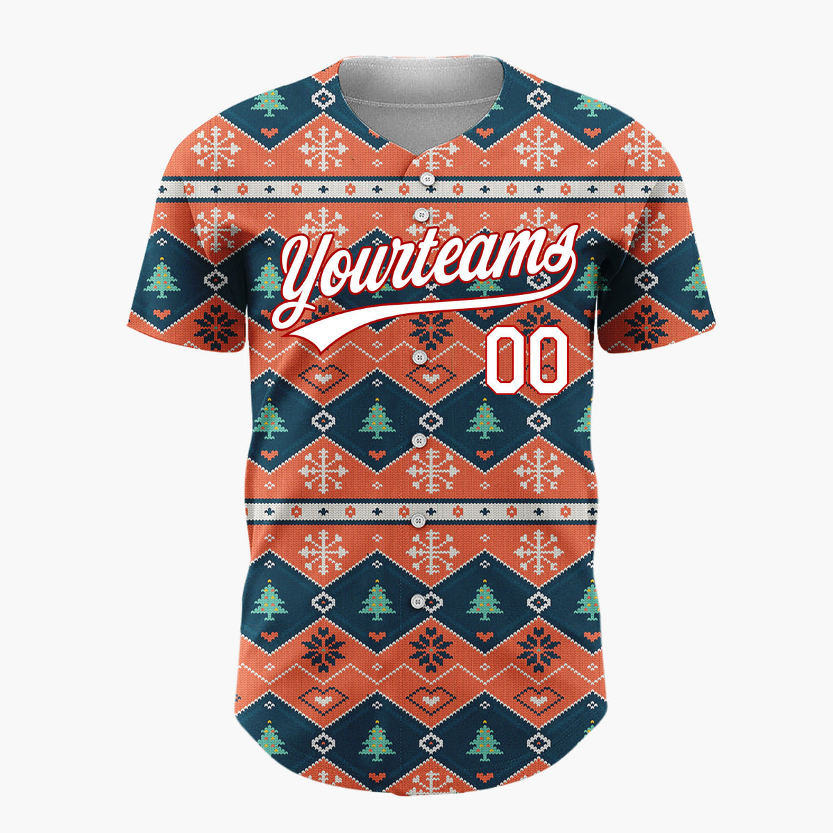 Custom Orange Blue White Geometric Tree Nordic Knit Pattern Christmas Baseball Jersey