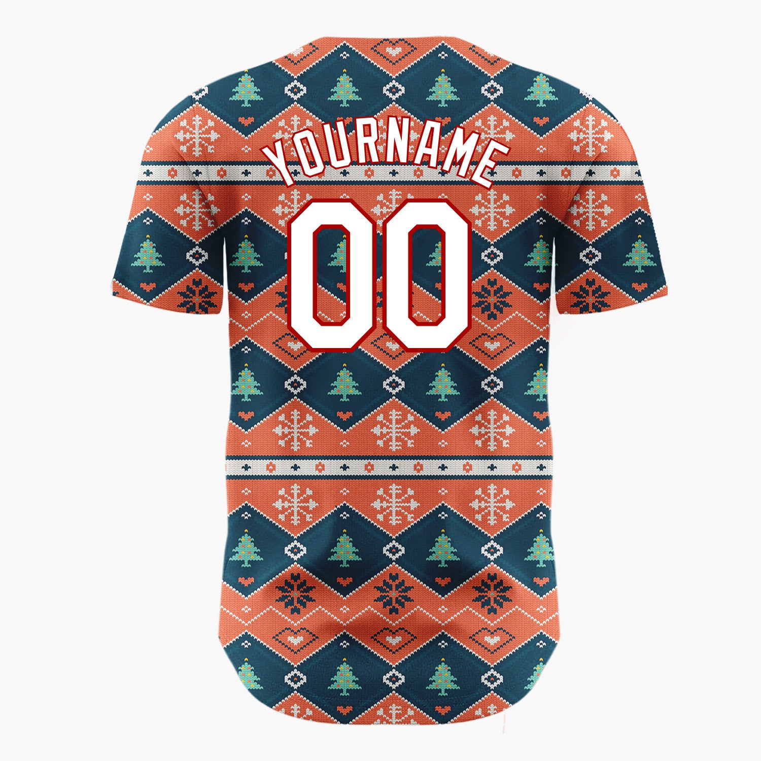 Custom Orange Blue White Geometric Tree Nordic Knit Pattern Christmas Baseball Jersey