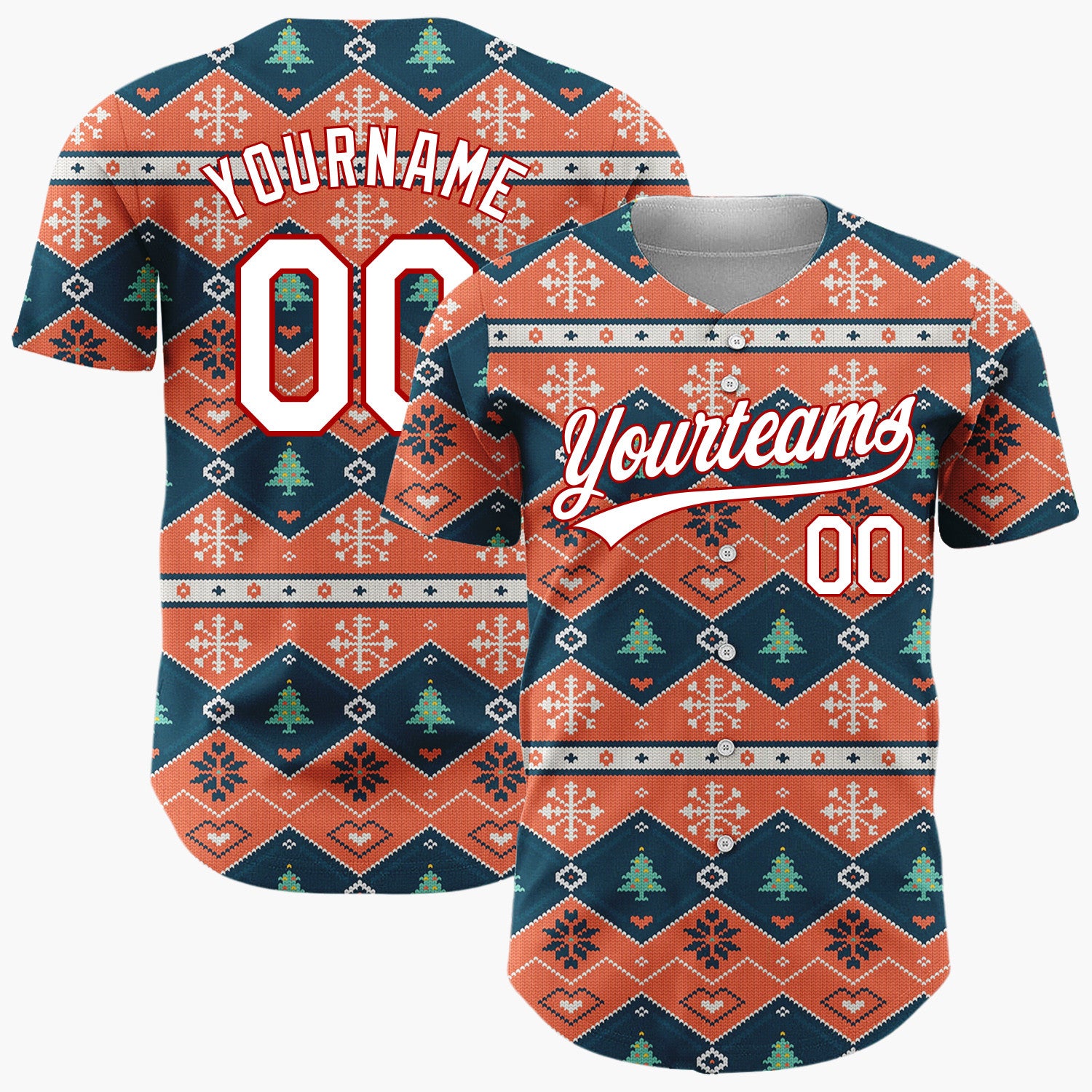 Custom Orange Blue White Geometric Tree Nordic Knit Pattern Christmas Baseball Jersey