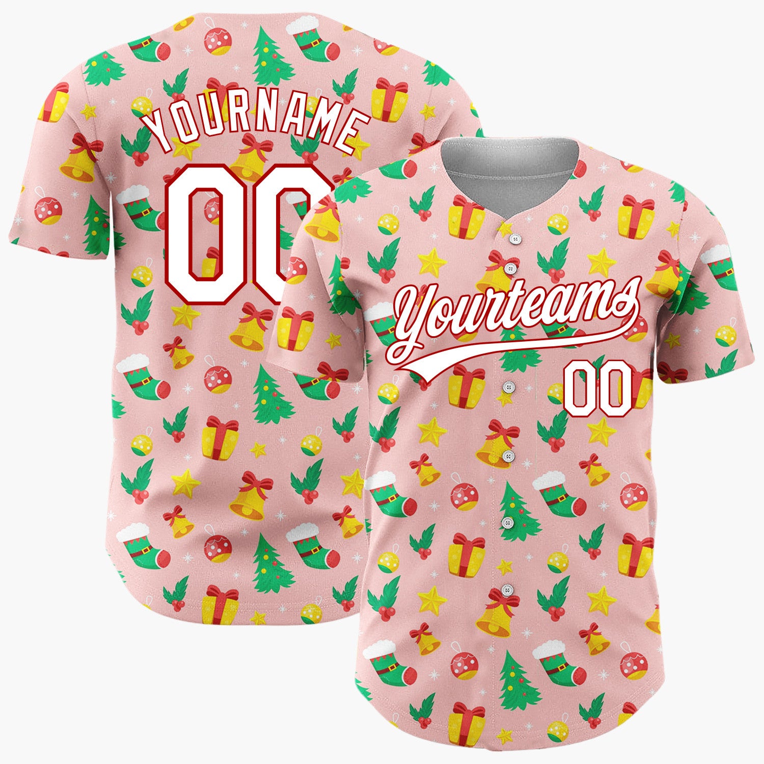 Custom Pink Christmas Trees Doodles Cartoon Pattern Christmas Baseball Jersey
