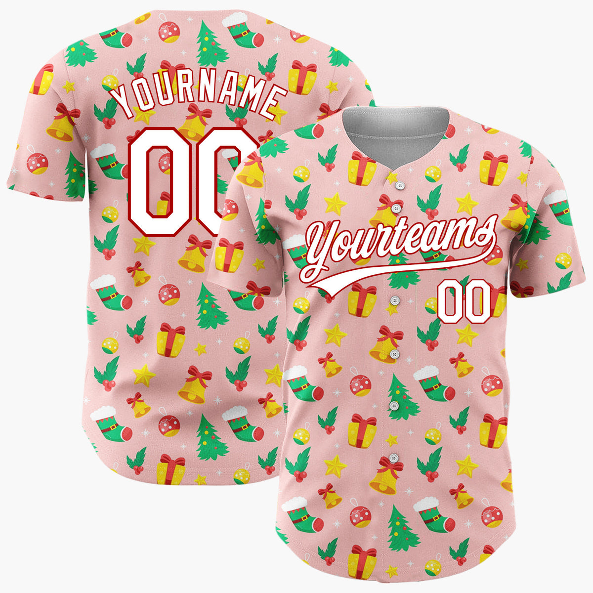 Custom Pink Christmas Trees Doodles Cartoon Pattern Christmas Baseball Jersey