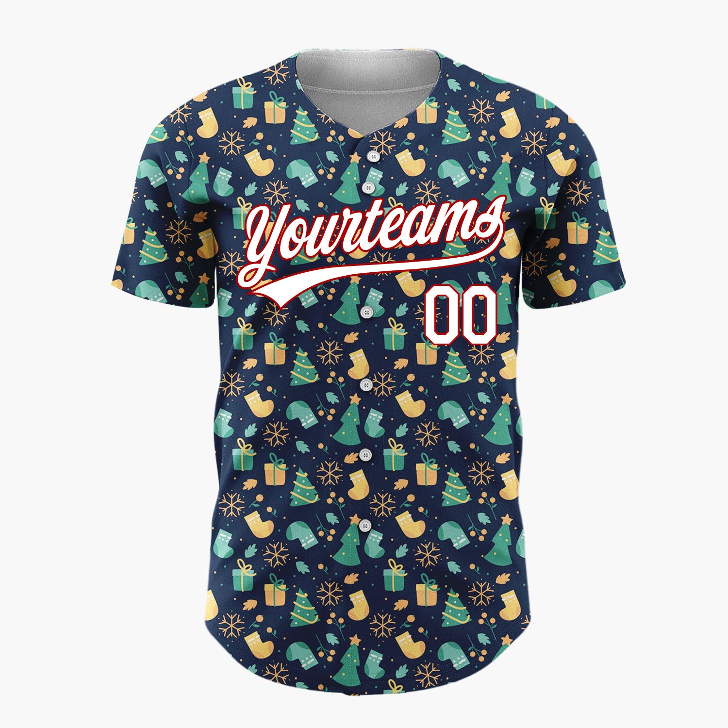 Custom Navy Green Yellow Trees Gifts And Snowflakes Festive Christmas Baseball Jersey