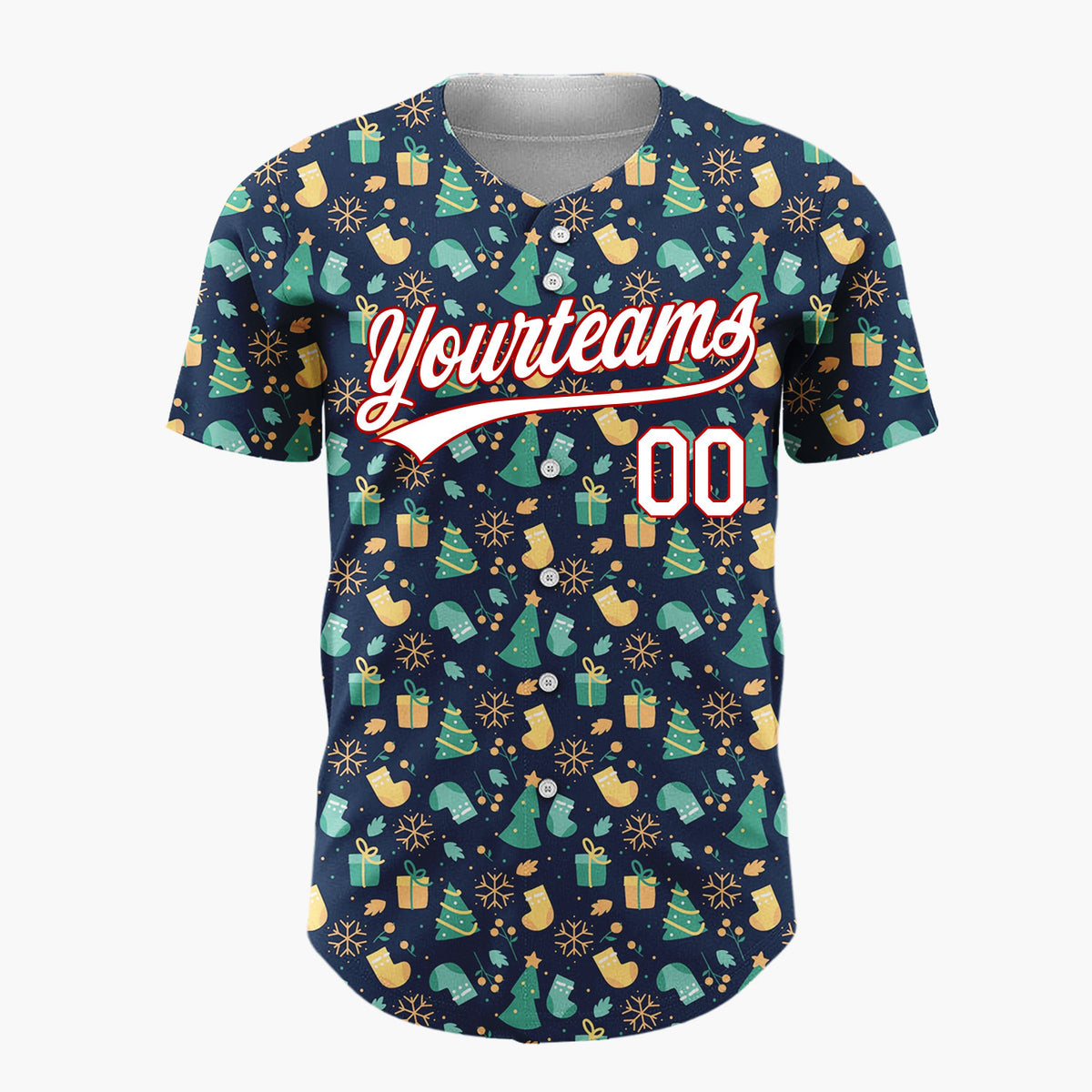 Custom Navy Green Yellow Trees Gifts And Snowflakes Festive Christmas Baseball Jersey