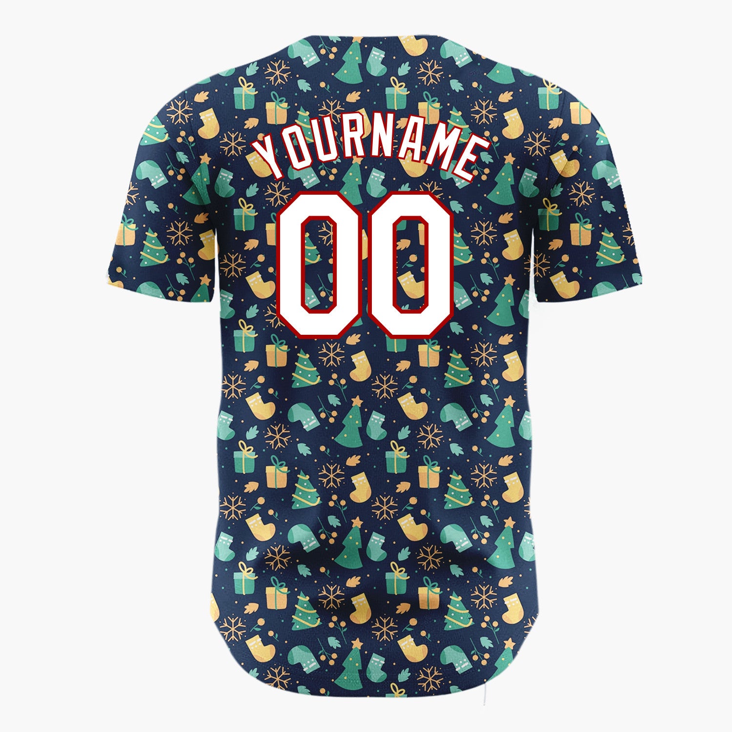 Custom Navy Green Yellow Trees Gifts And Snowflakes Festive Christmas Baseball Jersey