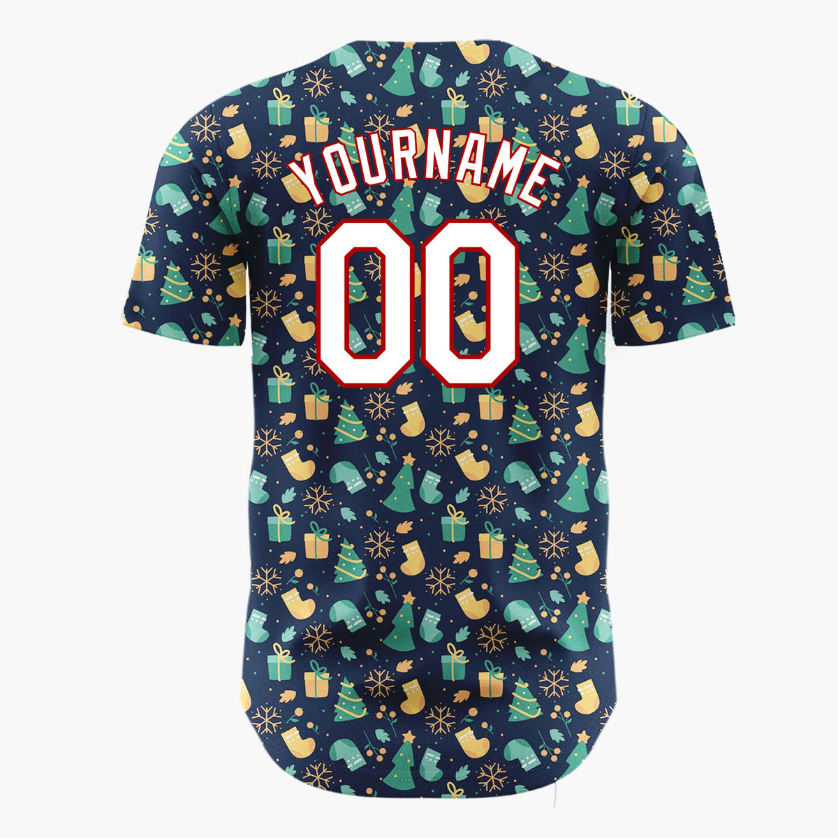 Custom Navy Green Yellow Trees Gifts And Snowflakes Festive Christmas Baseball Jersey