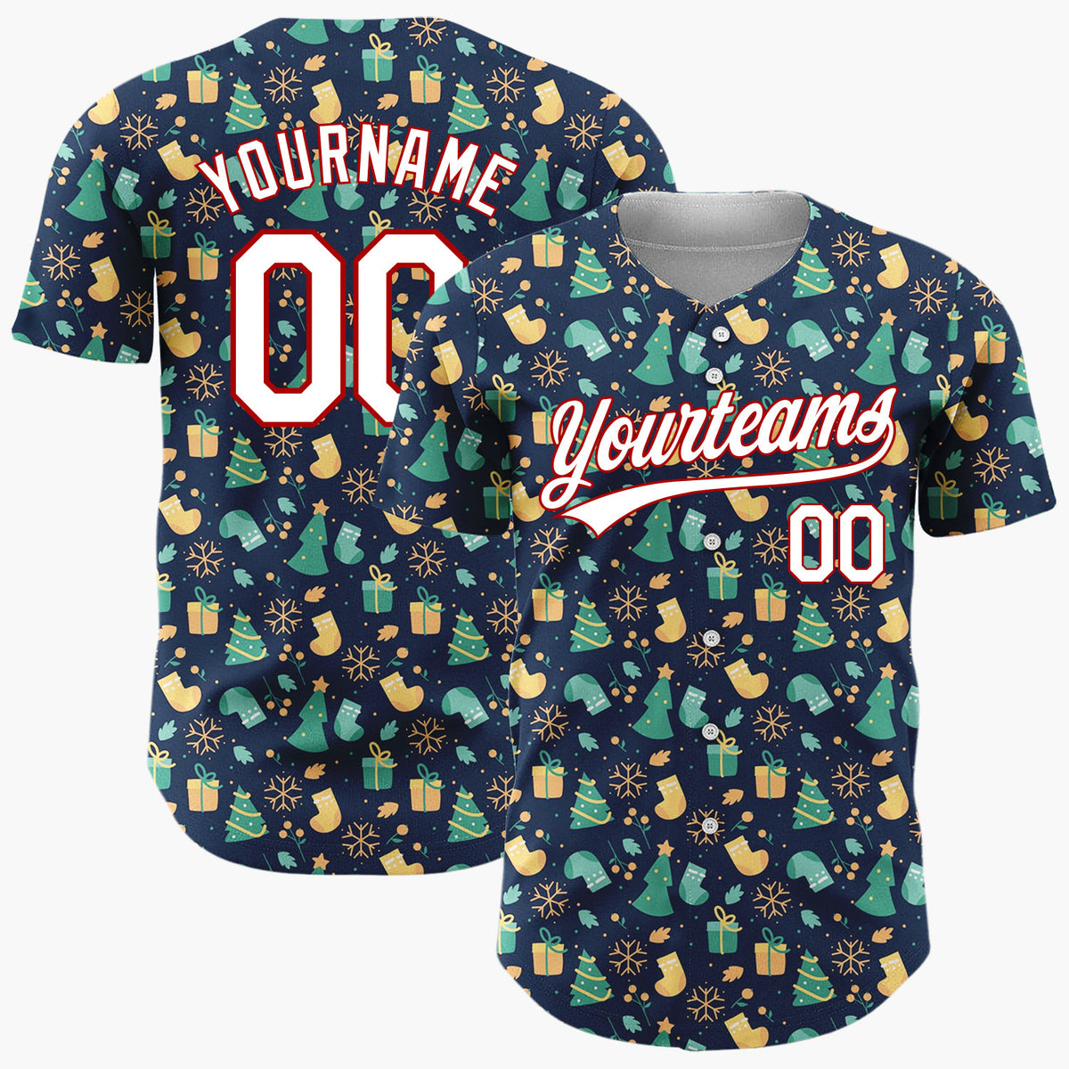 Custom Navy Green Yellow Trees Gifts And Snowflakes Festive Christmas Baseball Jersey