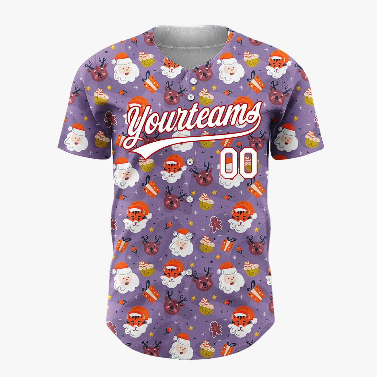 Custom Purple Santa Tiger Whimsical Cartoon Pattern Christmas Baseball Jersey