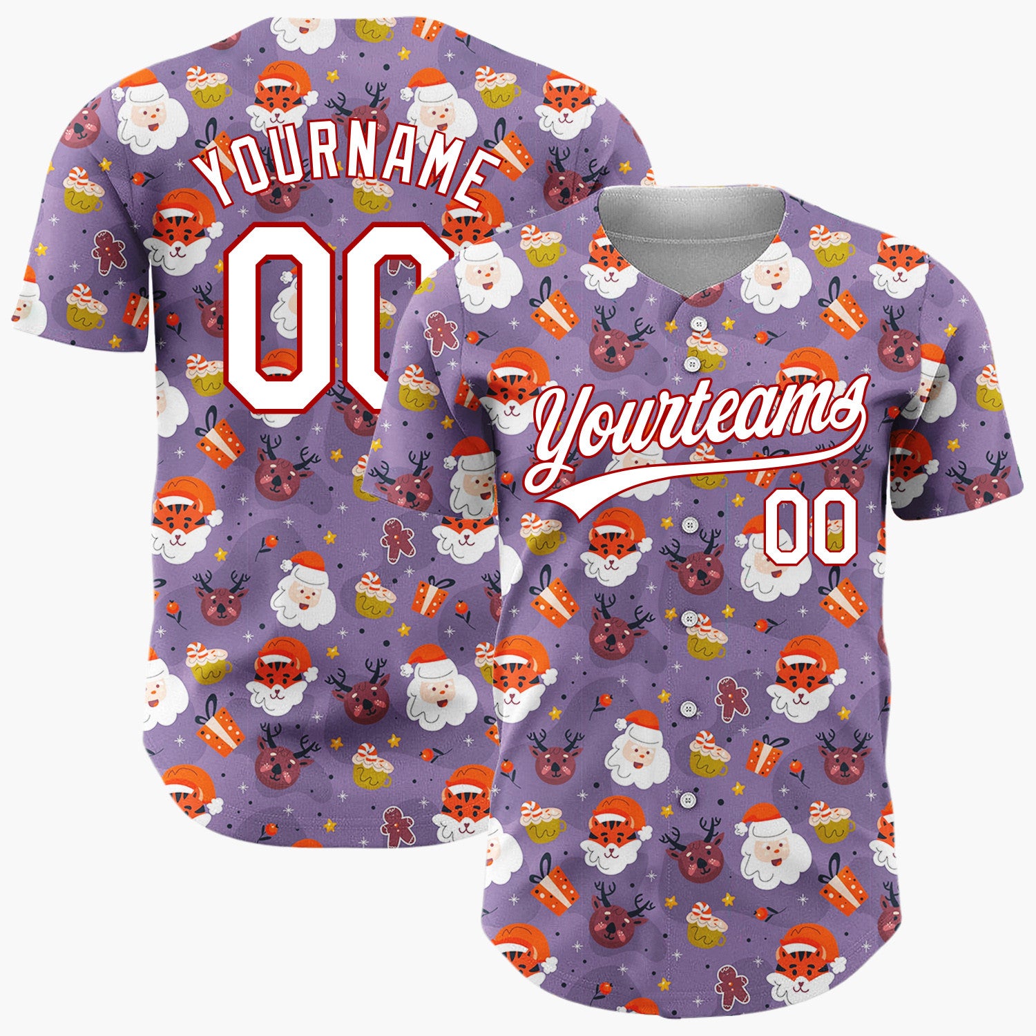Custom Purple Santa Tiger Whimsical Cartoon Pattern Christmas Baseball Jersey