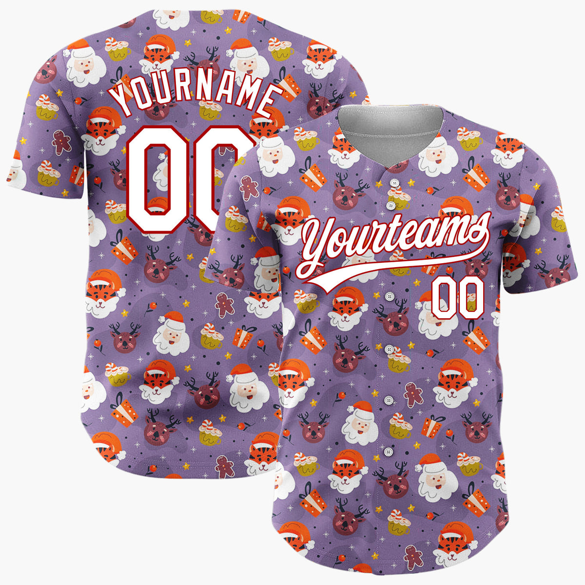 Custom Purple Santa Tiger Whimsical Cartoon Pattern Christmas Baseball Jersey