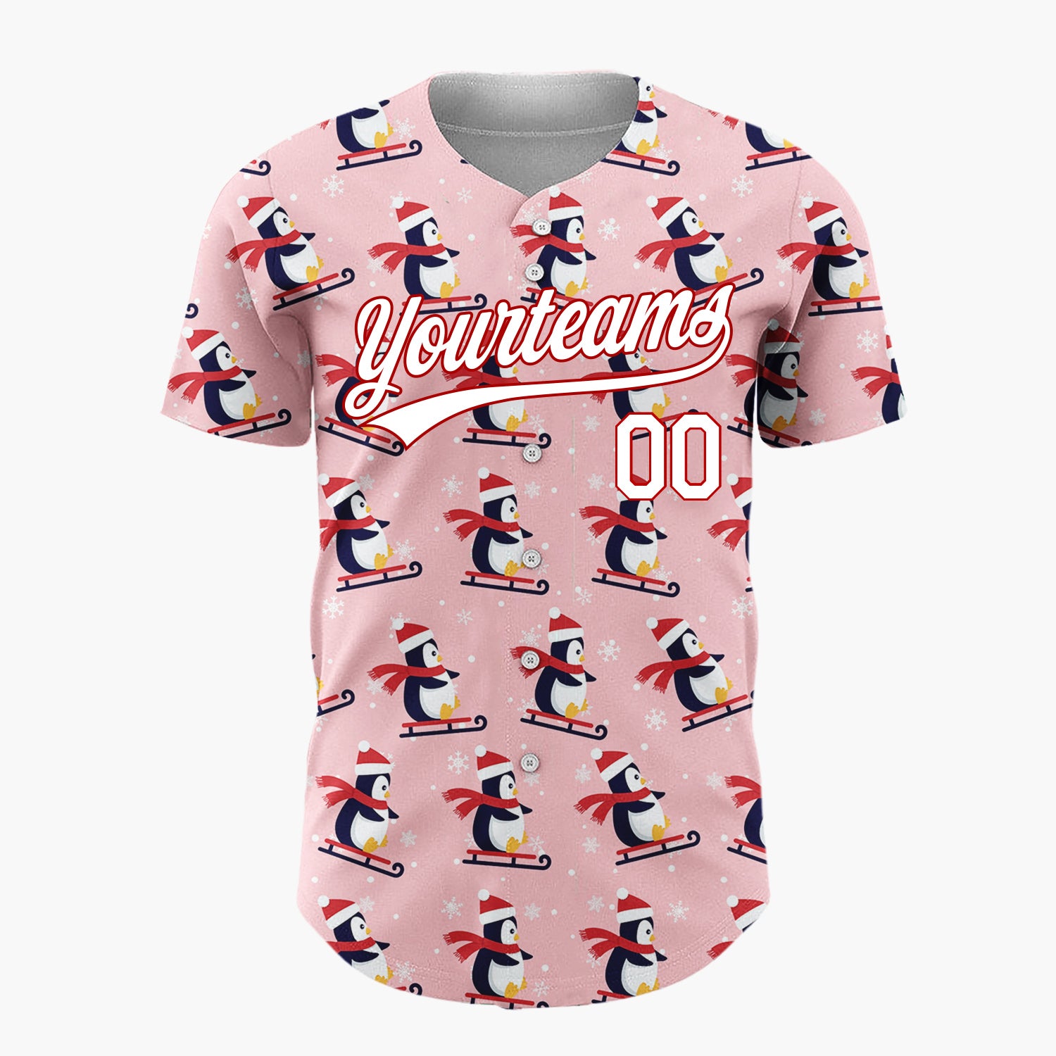 Custom Pink Sledding Penguins Simple Cartoon Pattern Christmas Baseball Jersey