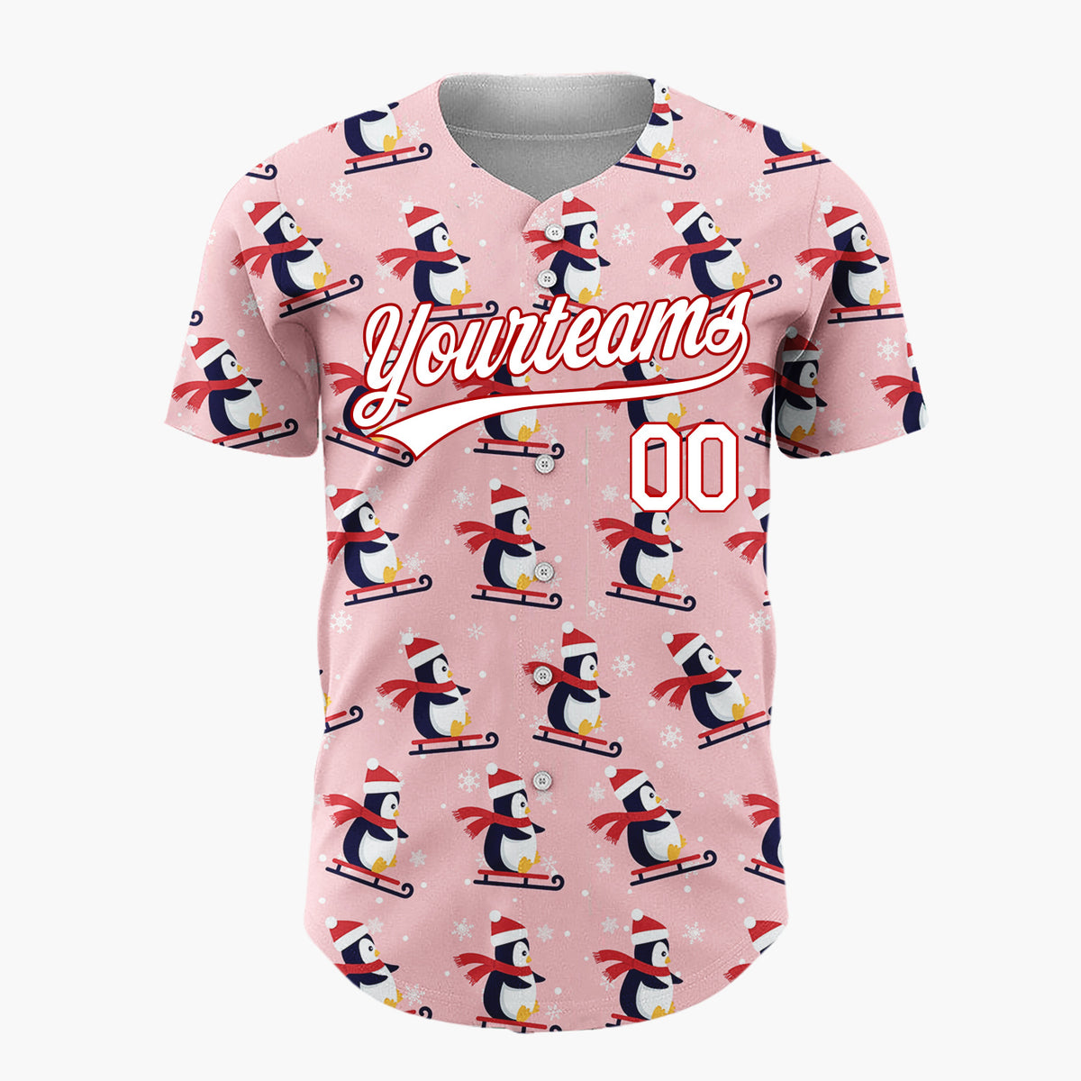 Custom Pink Sledding Penguins Simple Cartoon Pattern Christmas Baseball Jersey