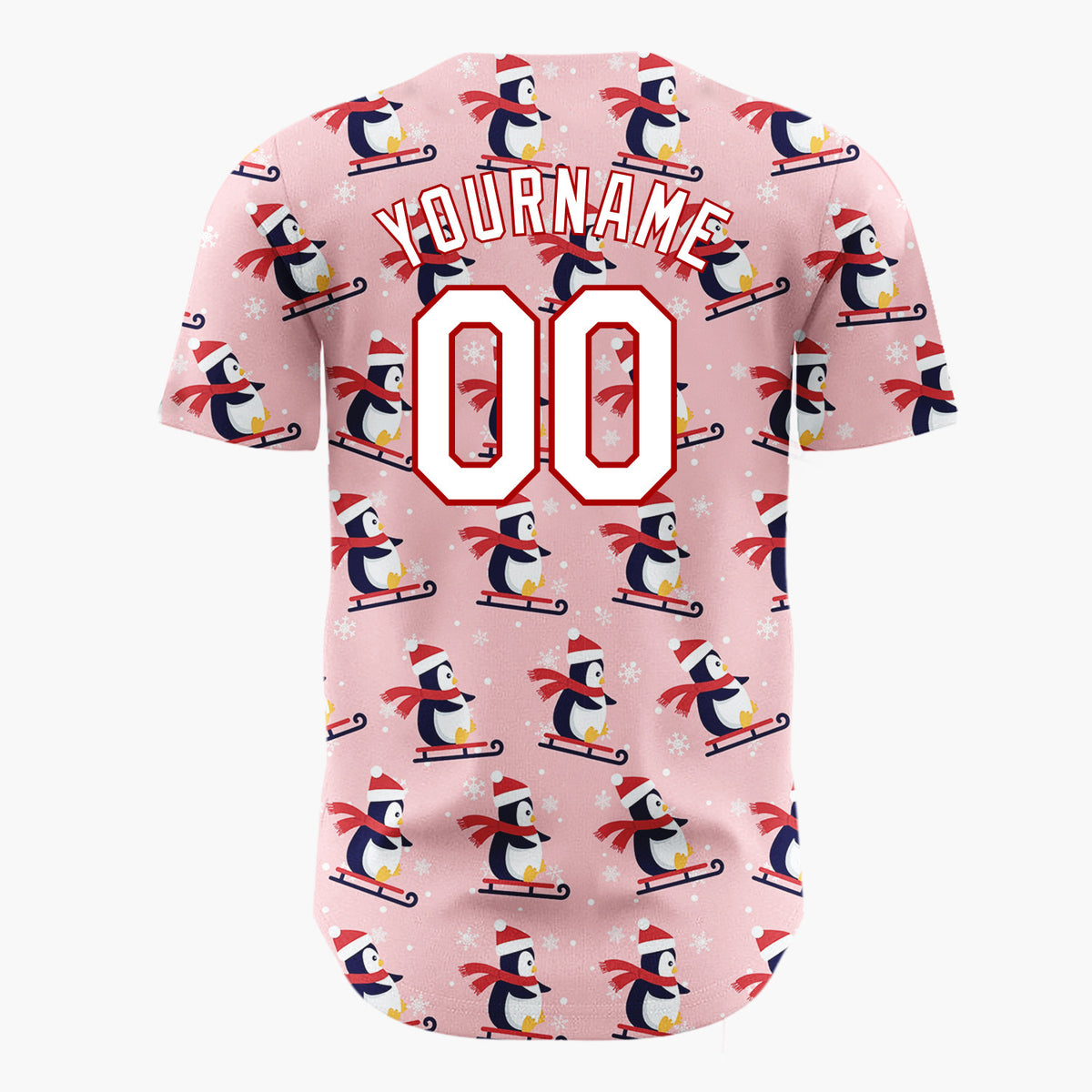 Custom Pink Sledding Penguins Simple Cartoon Pattern Christmas Baseball Jersey